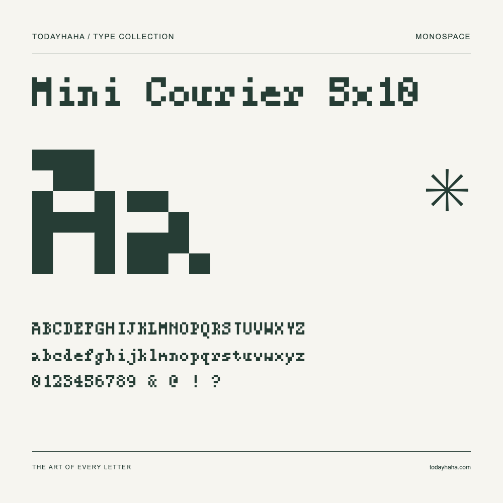 Mini Courier 5x10 — Schriftmuster mit Großbuchstaben, Kleinbuchstaben und Ziffern