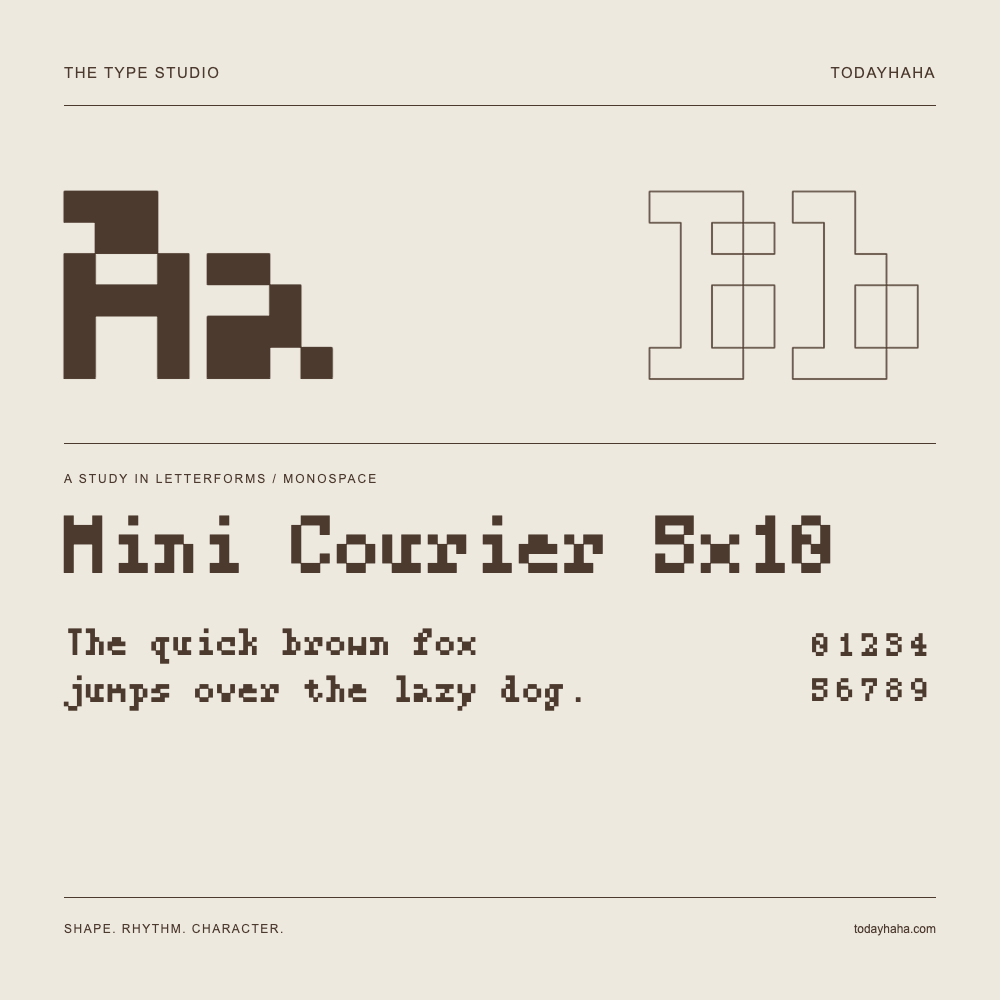 Mini Courier 5x10 — Buchstabenstudie mit Beispielsatz und Ziffern