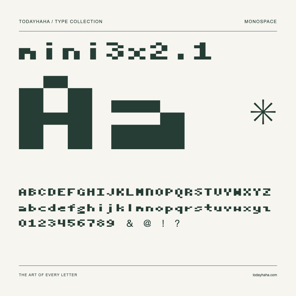 mini3x2.1 — Schriftmuster mit Großbuchstaben, Kleinbuchstaben und Ziffern