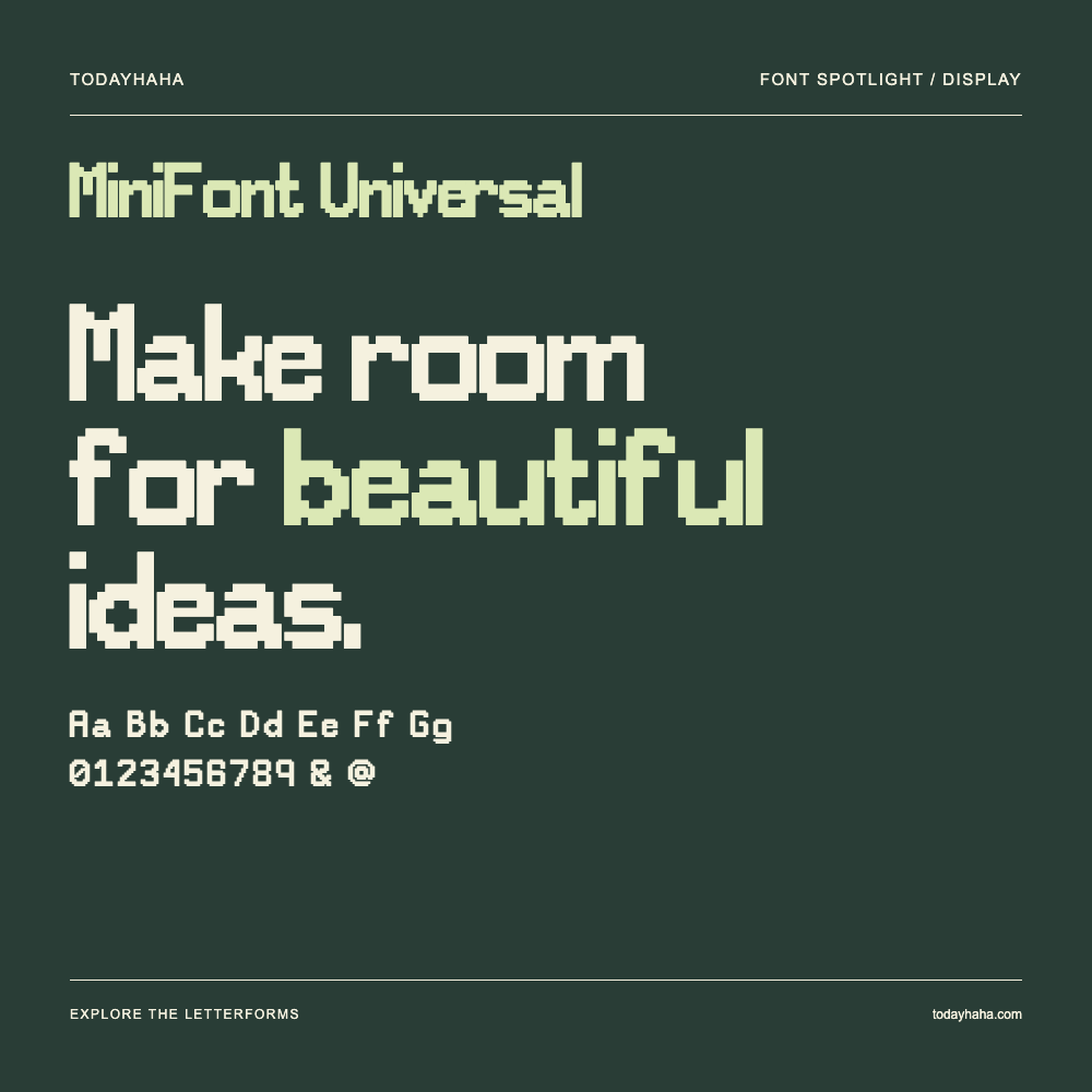 MiniFont Universal — Poster tipografico con testo di esempio