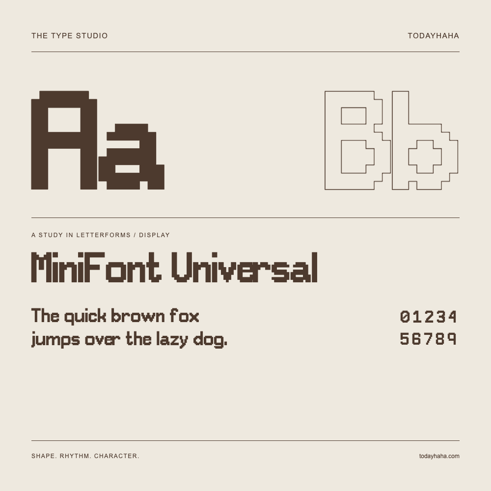 MiniFont Universal — Studio delle lettere con frase e numeri