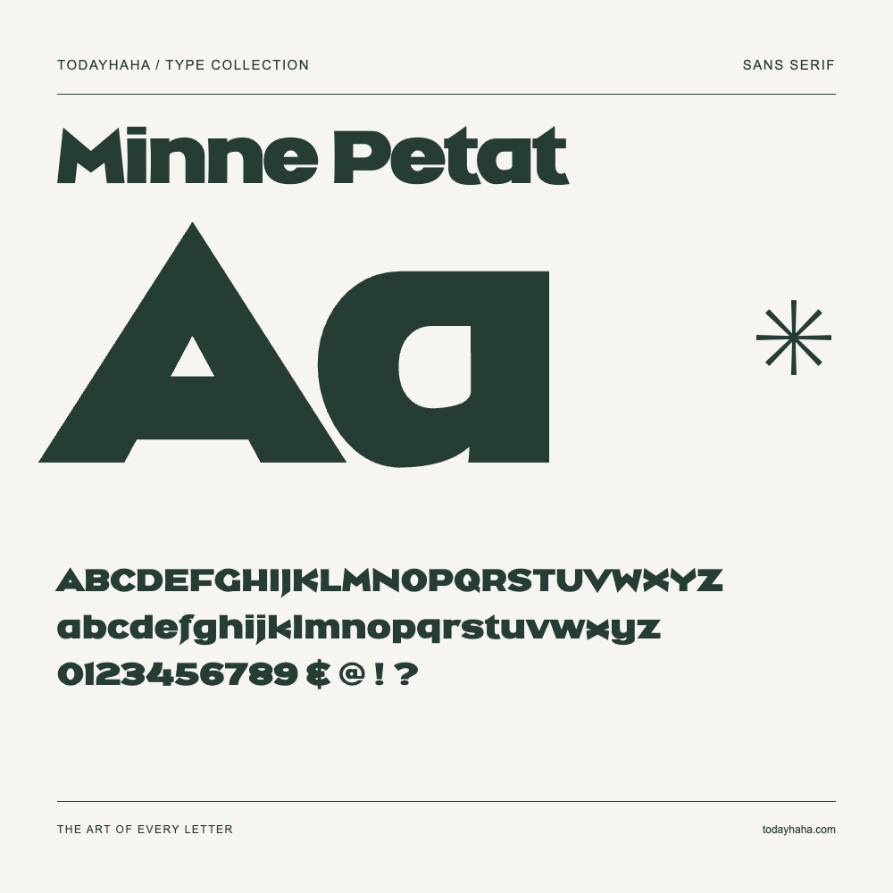 Minne Petat — Font specimen with uppercase and lowercase letters and numbers