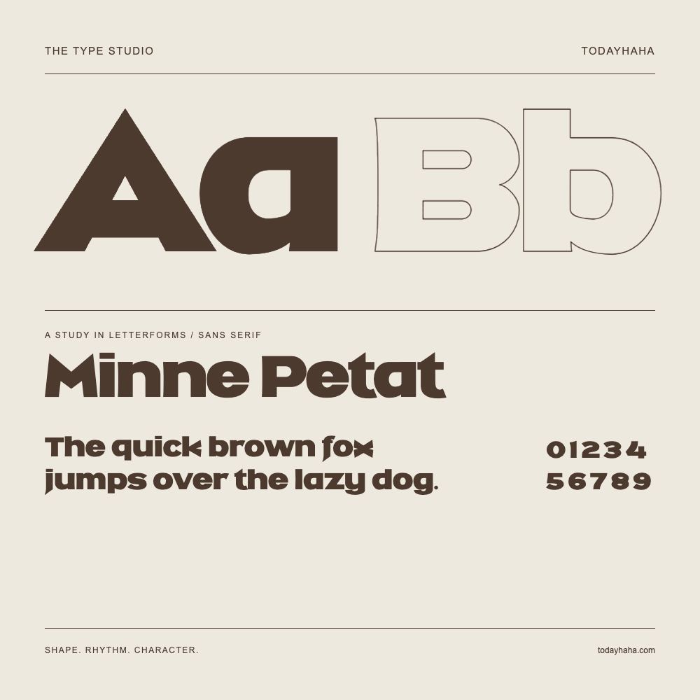 Minne Petat — Letterform study with sample sentence and numbers