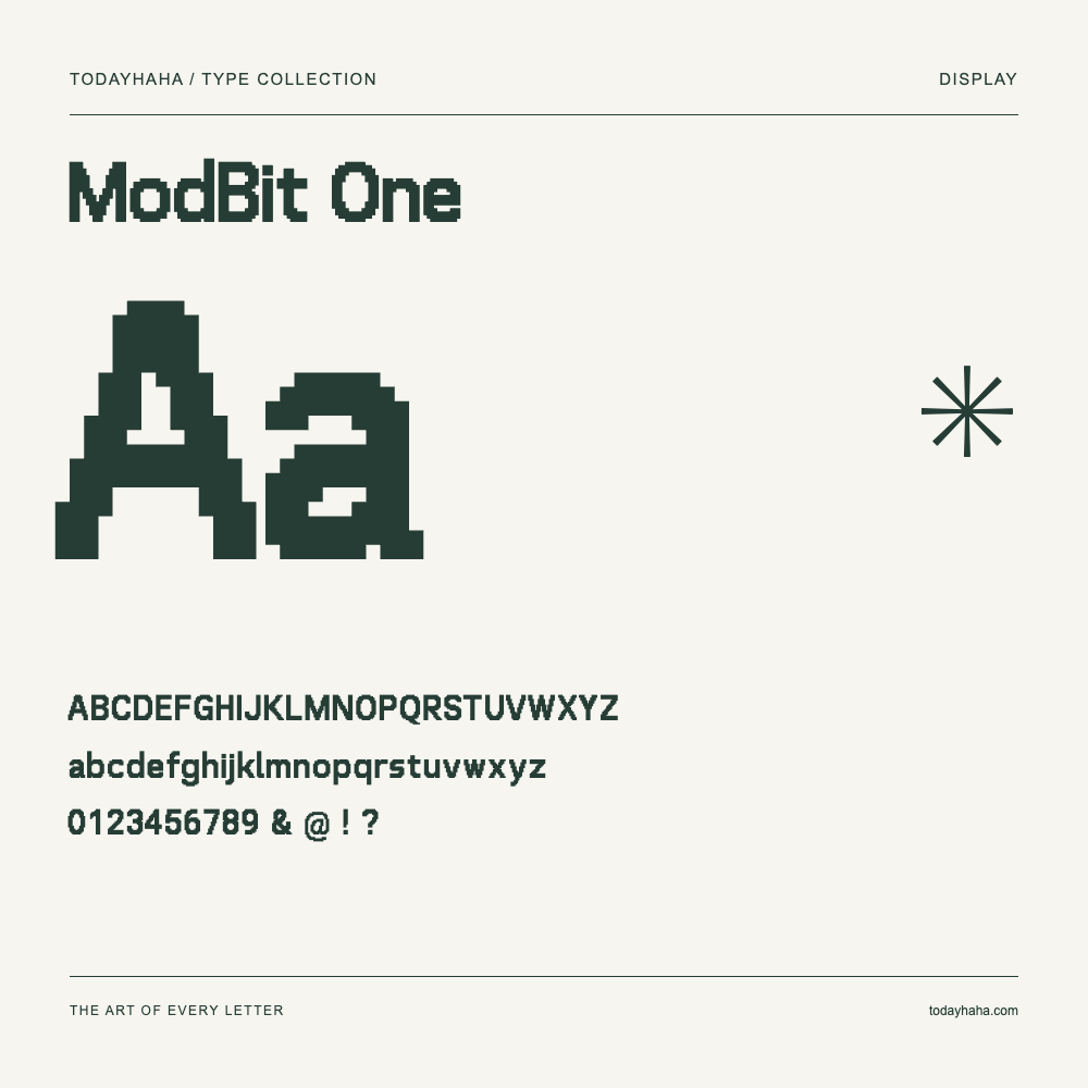 ModBit One — Schriftmuster mit Großbuchstaben, Kleinbuchstaben und Ziffern
