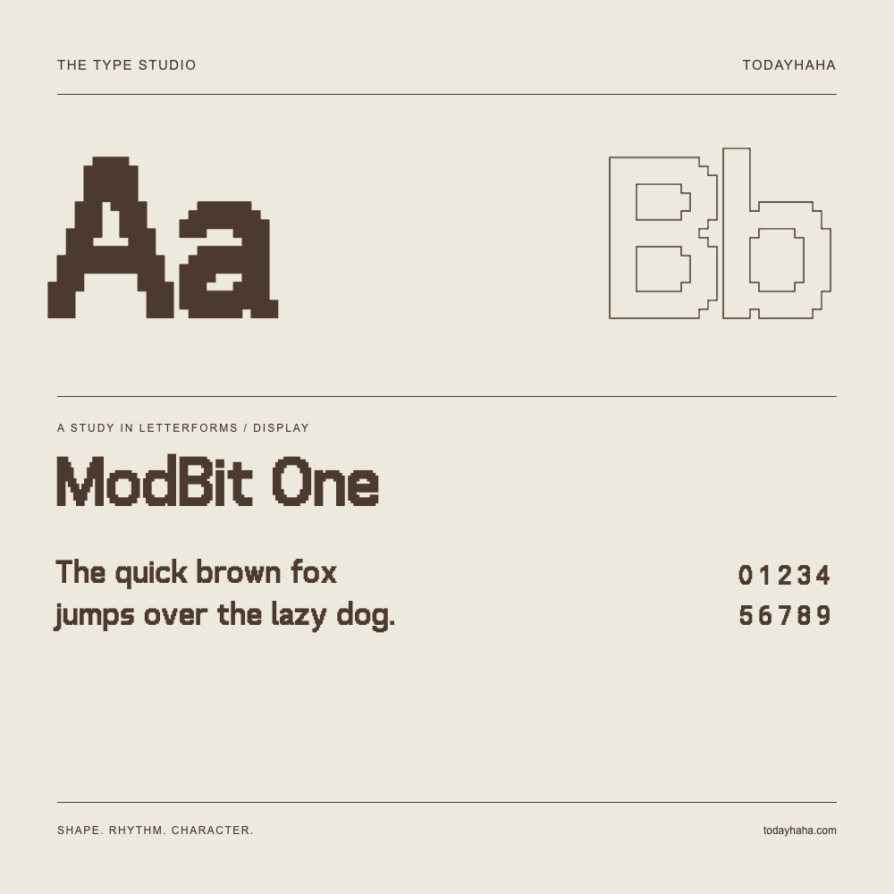 ModBit One — Buchstabenstudie mit Beispielsatz und Ziffern