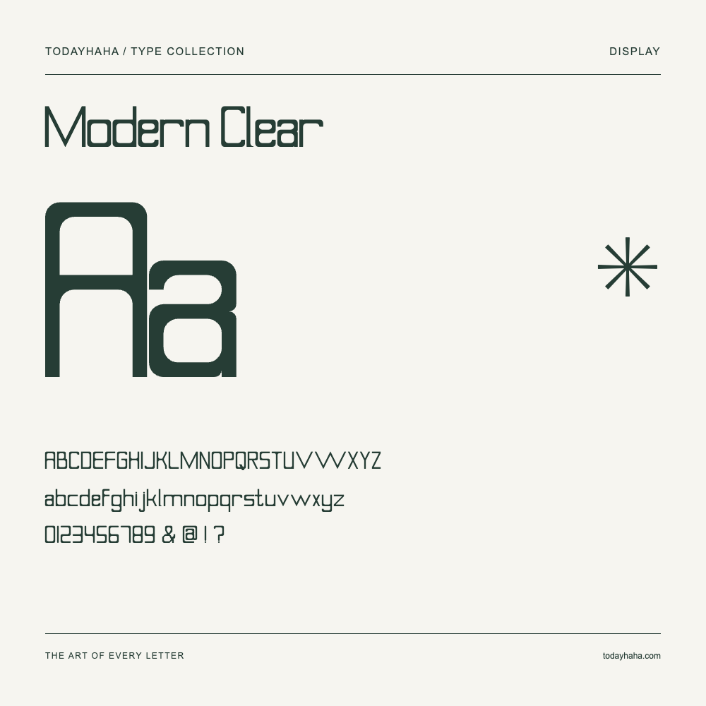 Modern Clear — Schriftmuster mit Großbuchstaben, Kleinbuchstaben und Ziffern