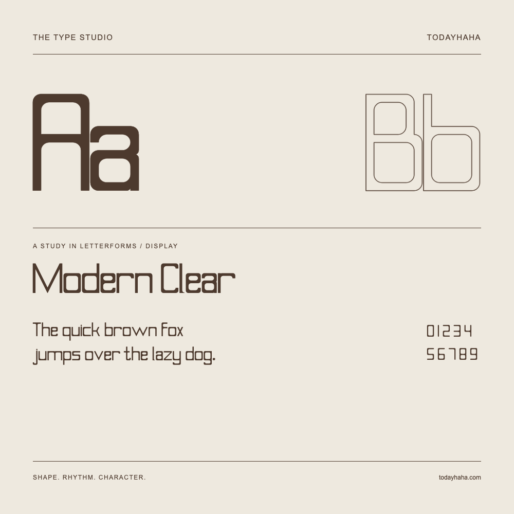 Modern Clear — Buchstabenstudie mit Beispielsatz und Ziffern
