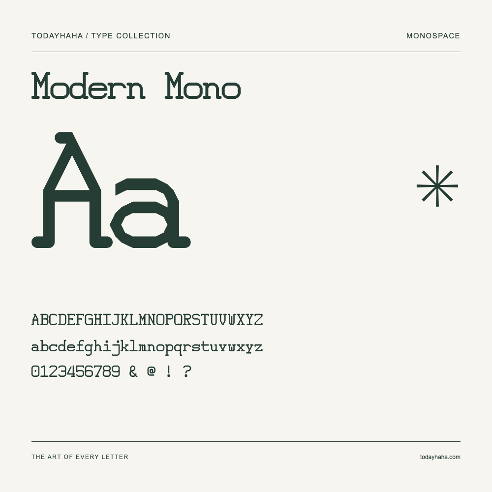 Modern Mono — Font specimen with uppercase and lowercase letters and numbers