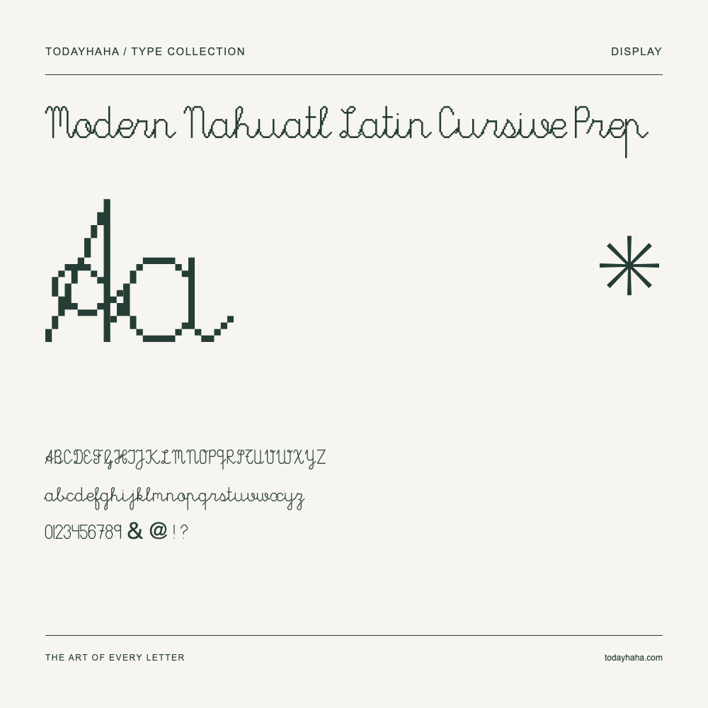 Modern Nahuatl Latin Cursive Prep — Muestra de mayúsculas, minúsculas y números