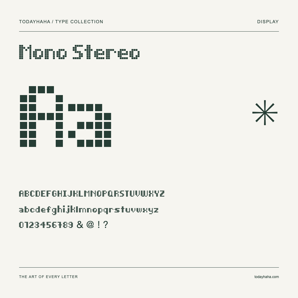 Mono Stereo — Font specimen with uppercase and lowercase letters and numbers