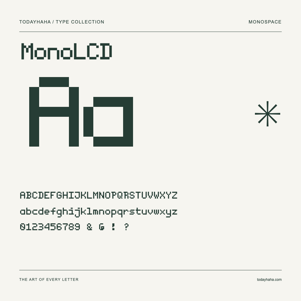 MonoLCD — Schriftmuster mit Großbuchstaben, Kleinbuchstaben und Ziffern