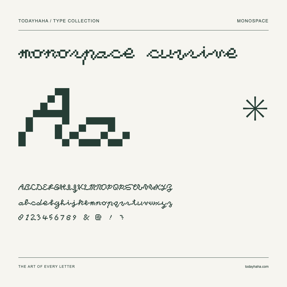 monospace cursive — Font specimen with uppercase and lowercase letters and numbers