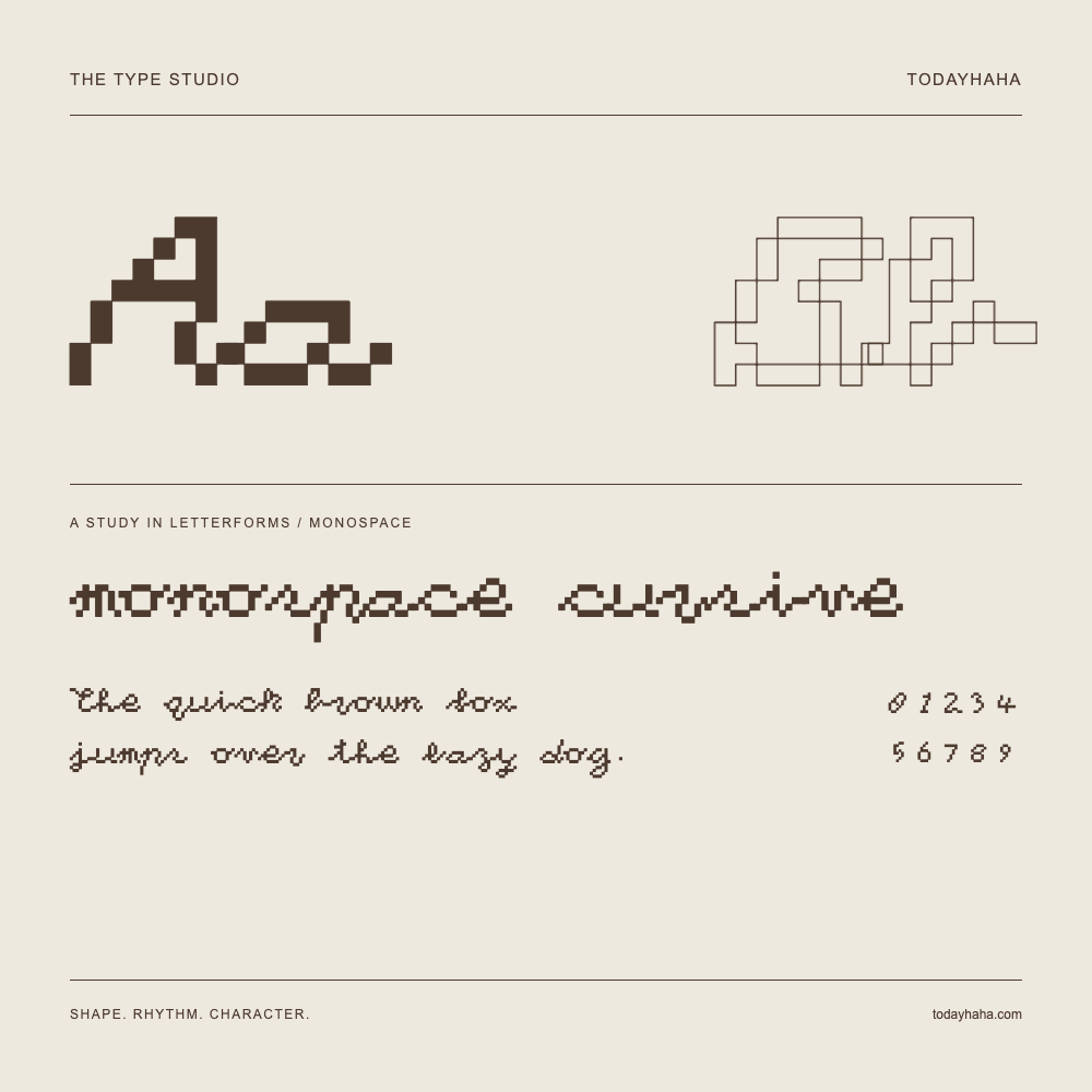 monospace cursive — Letterform study with sample sentence and numbers