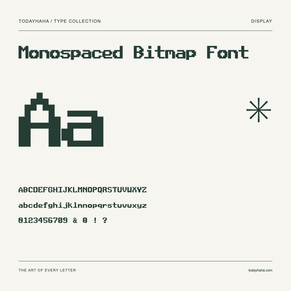 Monospaced Bitmap Font — Campione con lettere maiuscole, minuscole e numeri