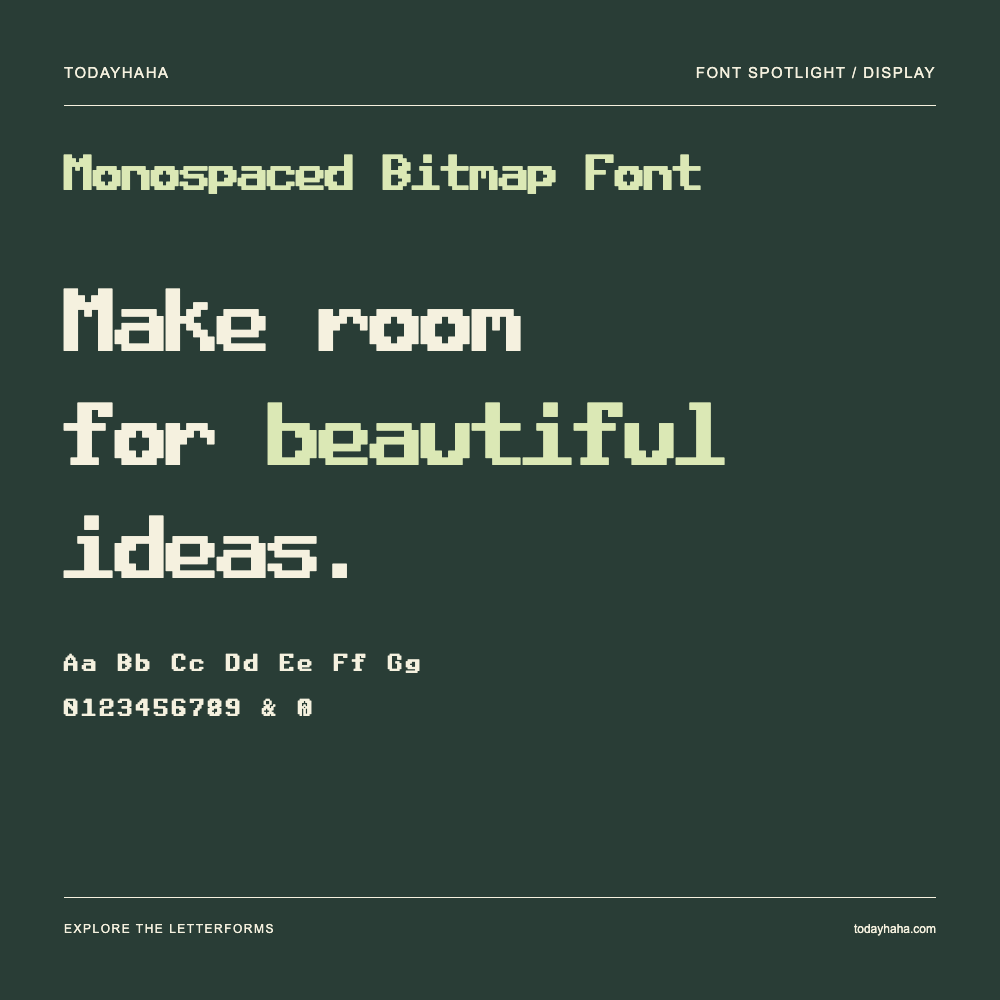 Monospaced Bitmap Font — Poster tipografico con testo di esempio