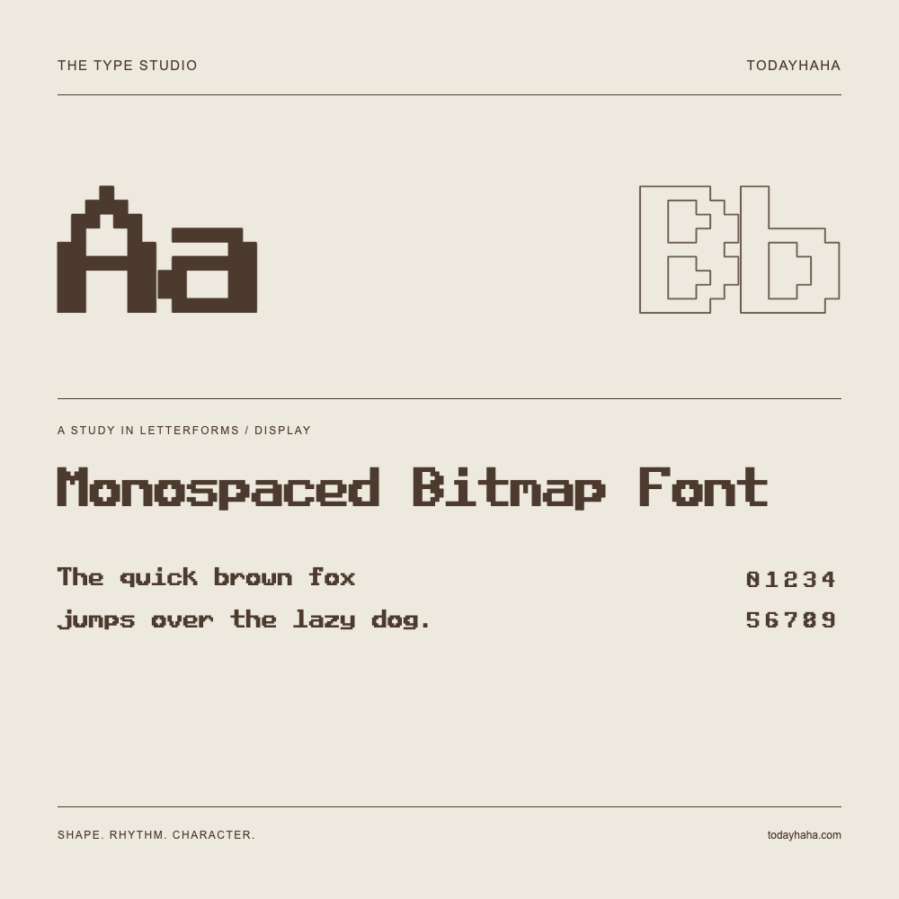 Monospaced Bitmap Font — Studio delle lettere con frase e numeri