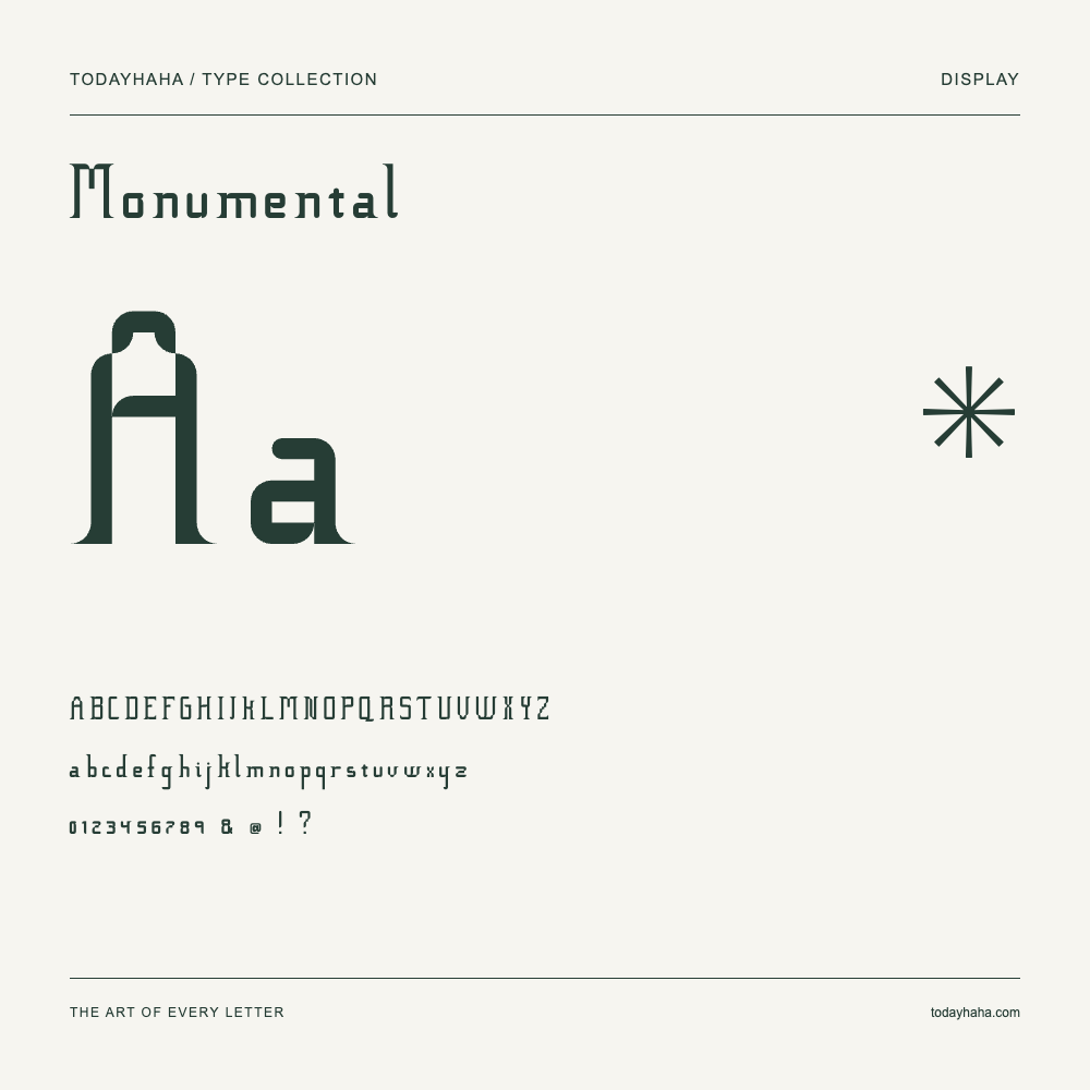 Monumental — Muestra de mayúsculas, minúsculas y números