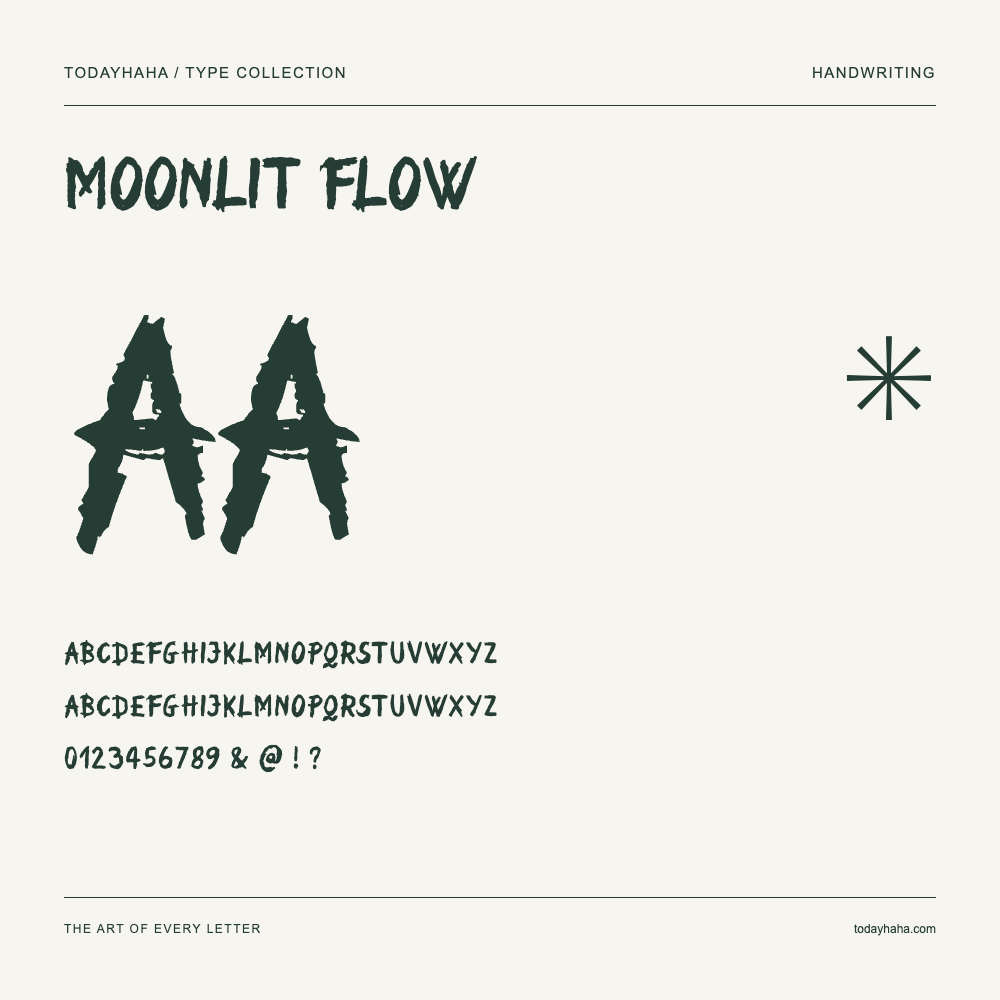 Moonlit Flow — Font specimen with uppercase and lowercase letters and numbers