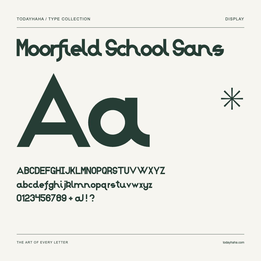 Moorfield School Sans — Schriftmuster mit Großbuchstaben, Kleinbuchstaben und Ziffern