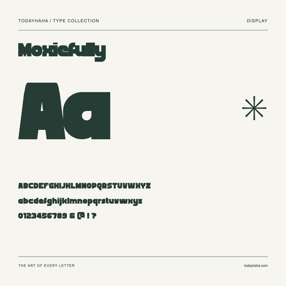 Moxiefully — Font specimen with uppercase and lowercase letters and numbers