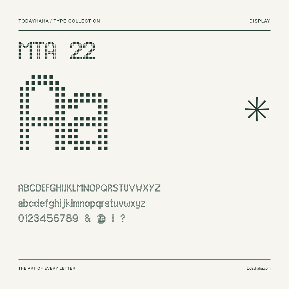 MTA 22 — Spécimen avec majuscules, minuscules et chiffres