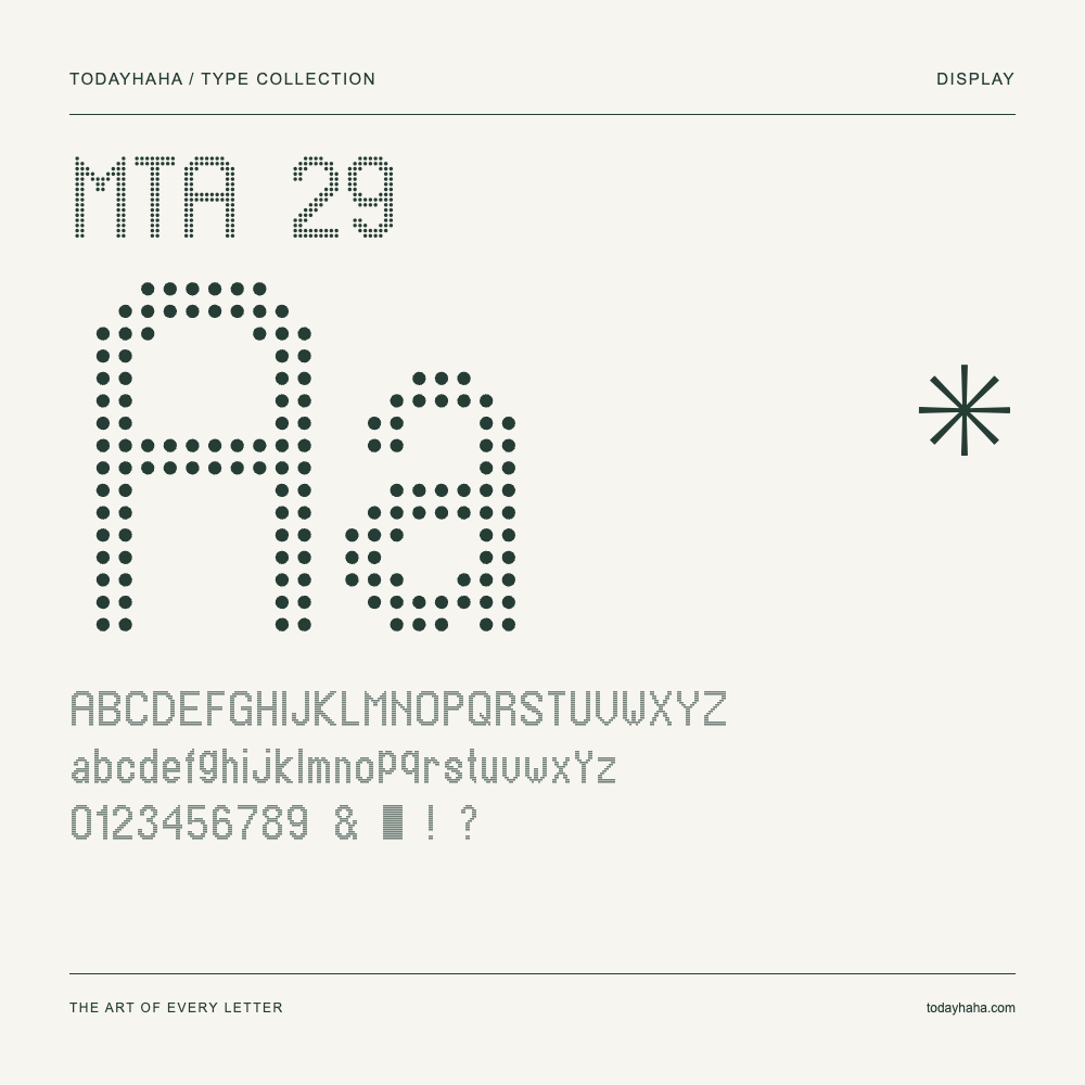 MTA 29 — Spécimen avec majuscules, minuscules et chiffres