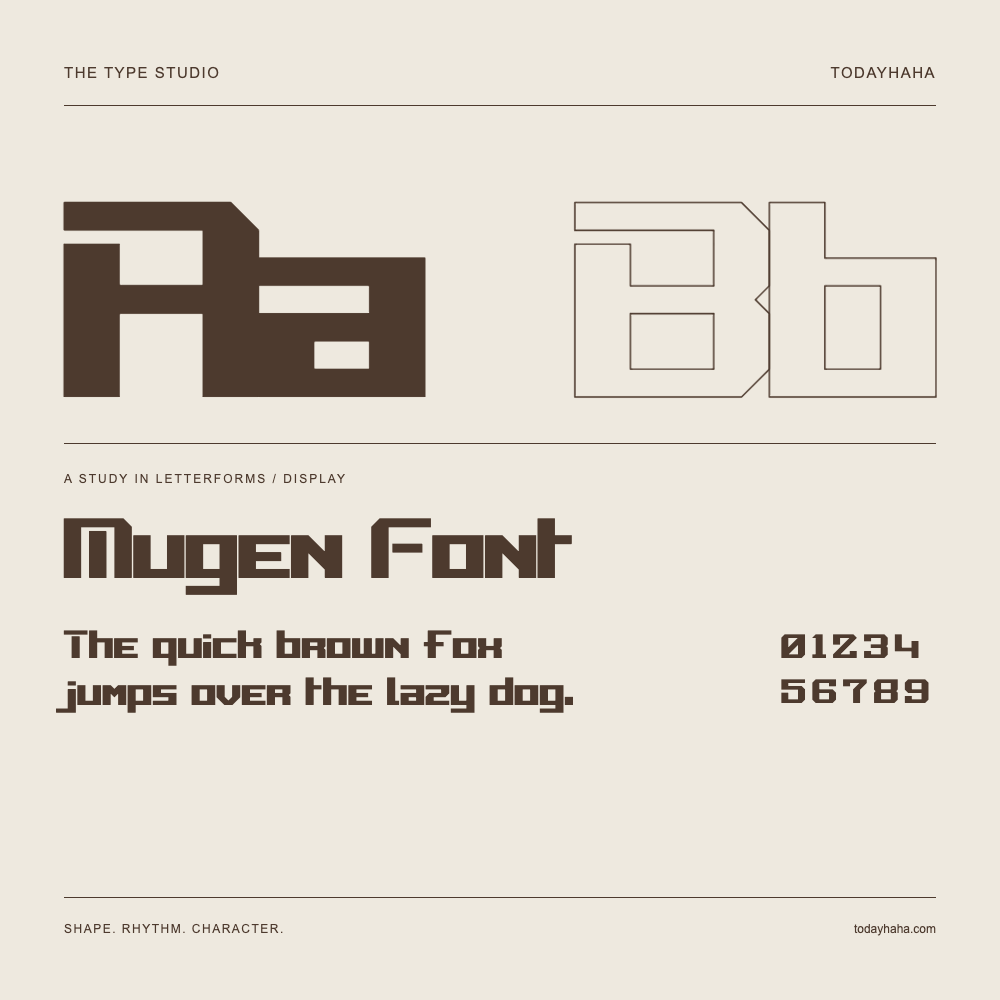 Mugen Font — Letterform study with sample sentence and numbers