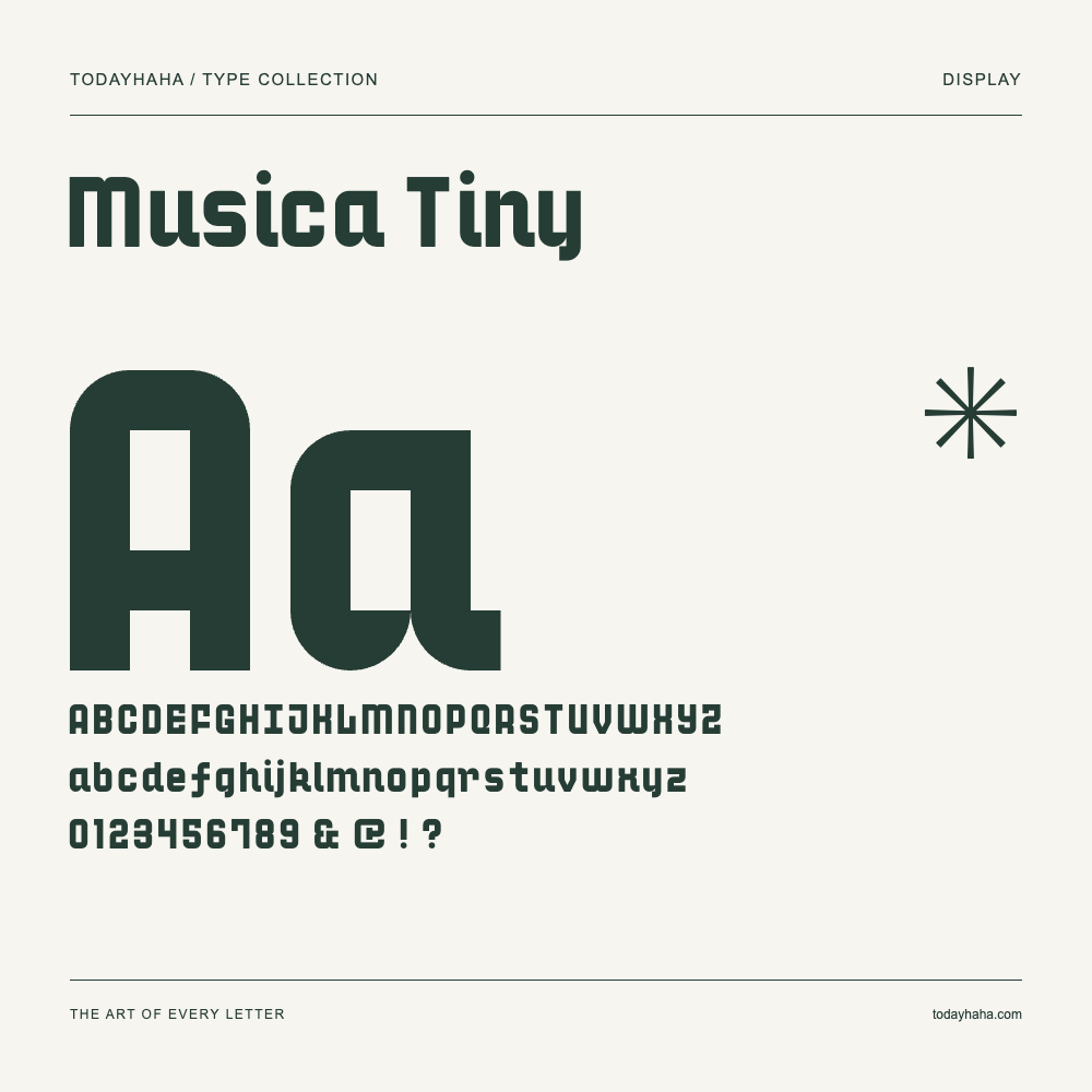 Musica Tiny — Font specimen with uppercase and lowercase letters and numbers