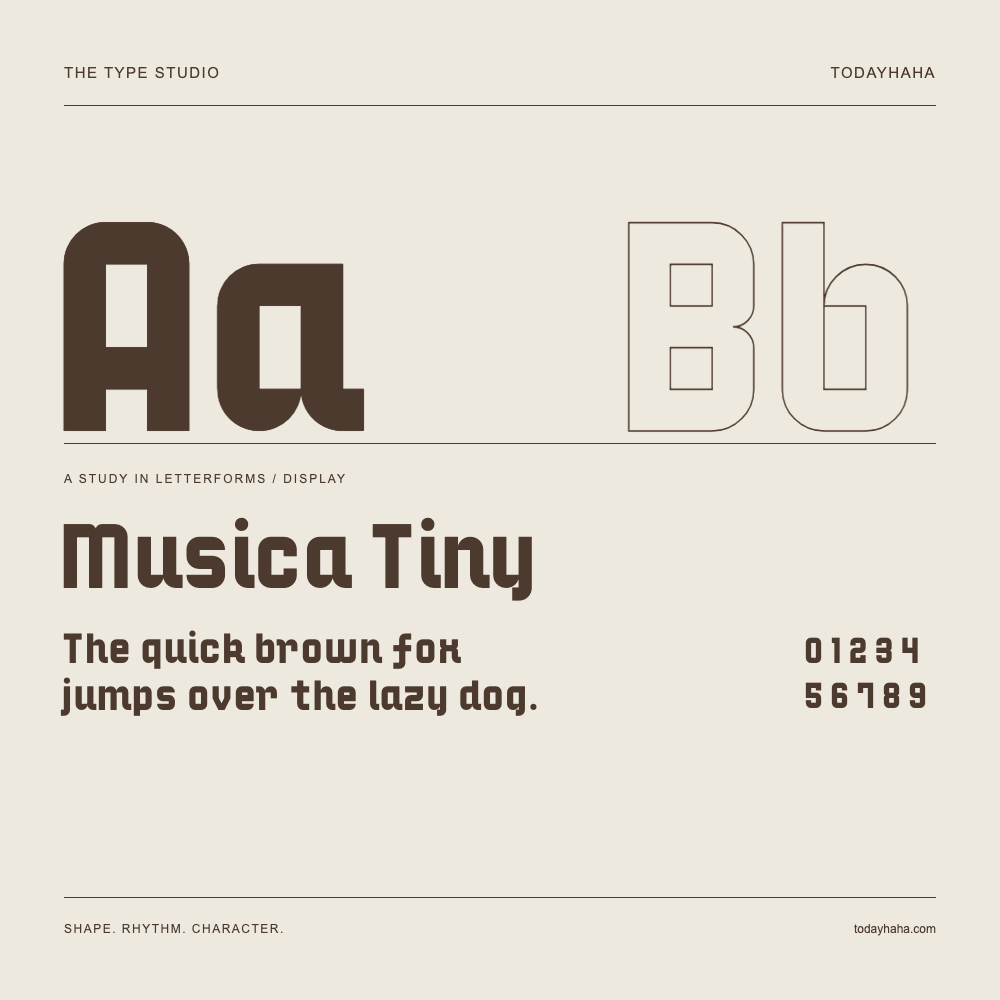 Musica Tiny — Letterform study with sample sentence and numbers