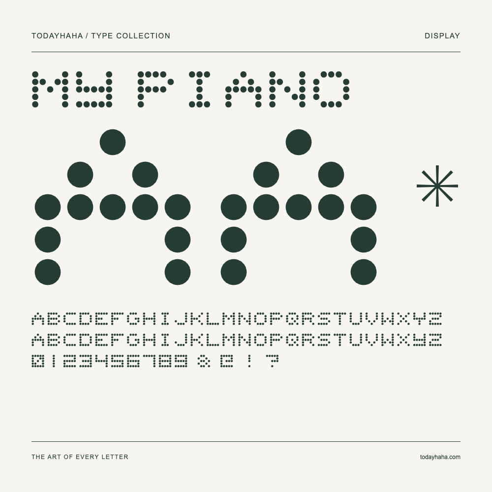 My piano — Font specimen with uppercase and lowercase letters and numbers