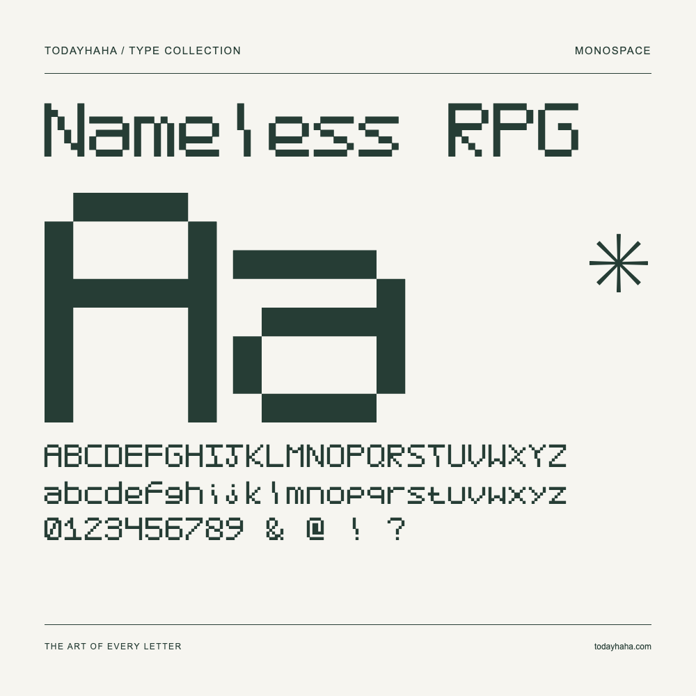 Nameless RPG — Font specimen with uppercase and lowercase letters and numbers