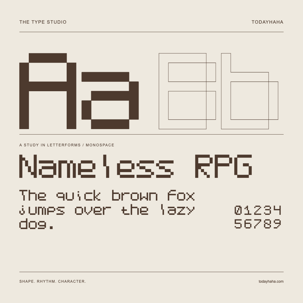 Nameless RPG — Letterform study with sample sentence and numbers