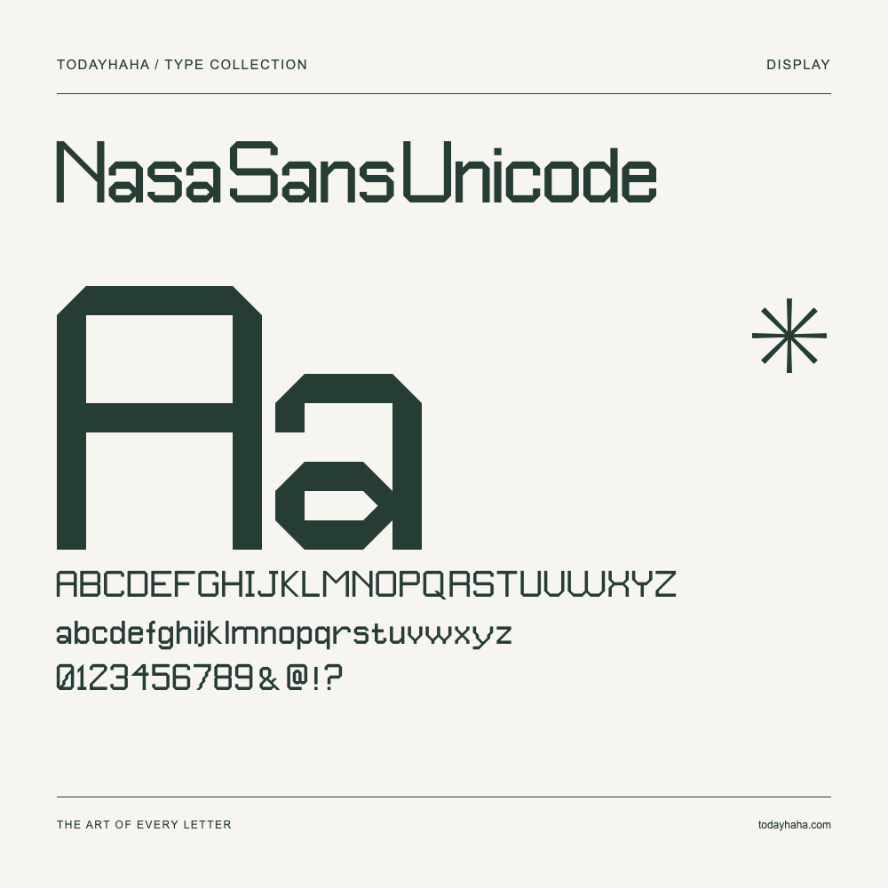 Nasa Sans Unicode — Schriftmuster mit Großbuchstaben, Kleinbuchstaben und Ziffern