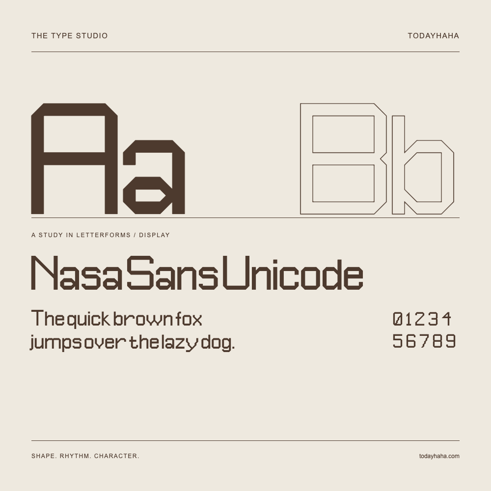 Nasa Sans Unicode — Buchstabenstudie mit Beispielsatz und Ziffern