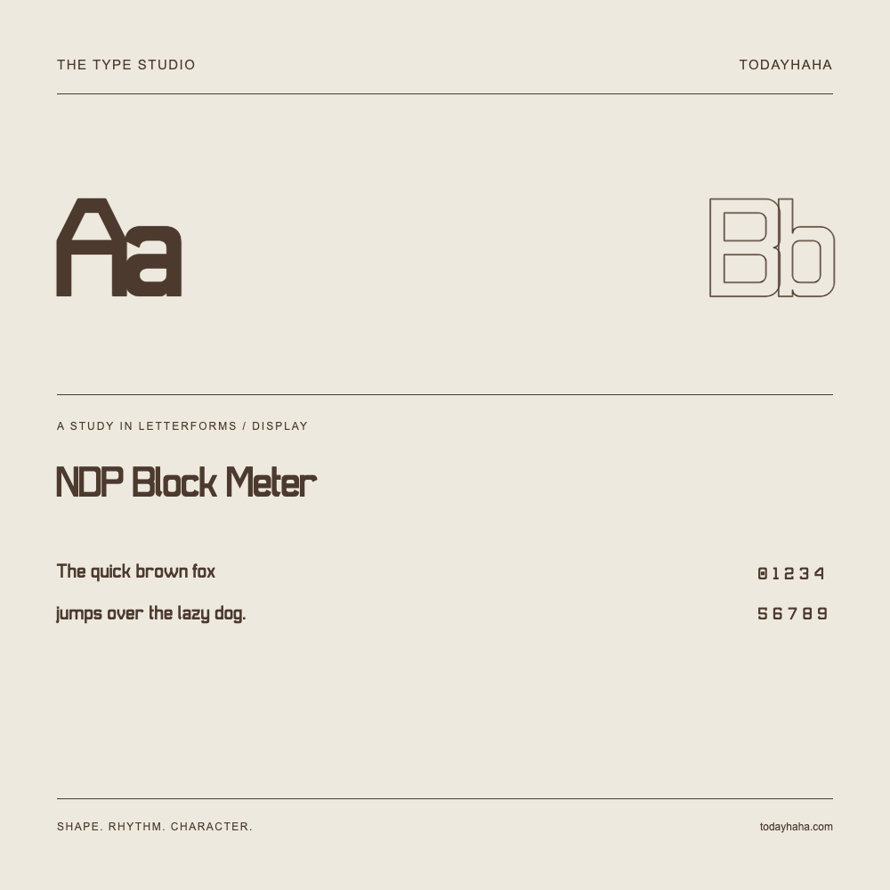 NDP Block Meter — Buchstabenstudie mit Beispielsatz und Ziffern