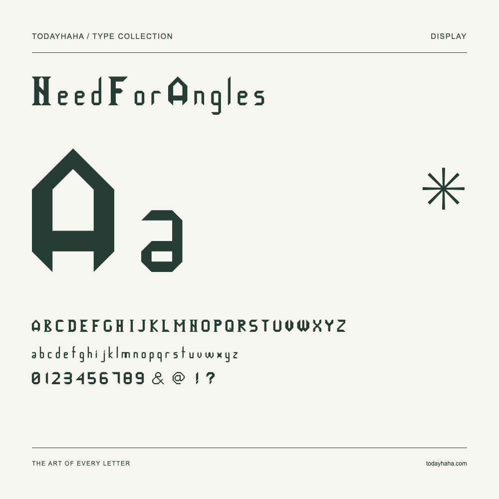 NeedForAngles — Font specimen with uppercase and lowercase letters and numbers