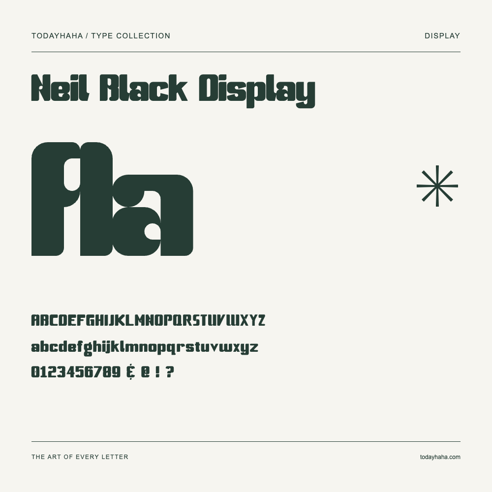 Neil Black Display — Schriftmuster mit Großbuchstaben, Kleinbuchstaben und Ziffern