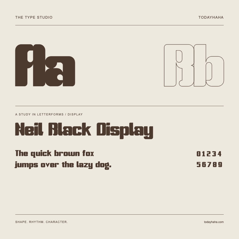 Neil Black Display — Buchstabenstudie mit Beispielsatz und Ziffern