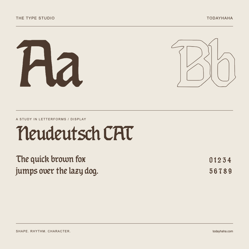 Neudeutsch CAT — Letterform study with sample sentence and numbers