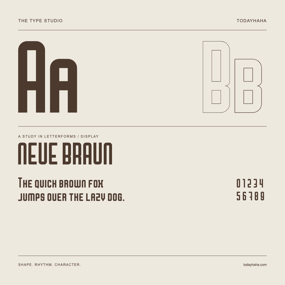 NEUE BRAUN — Buchstabenstudie mit Beispielsatz und Ziffern