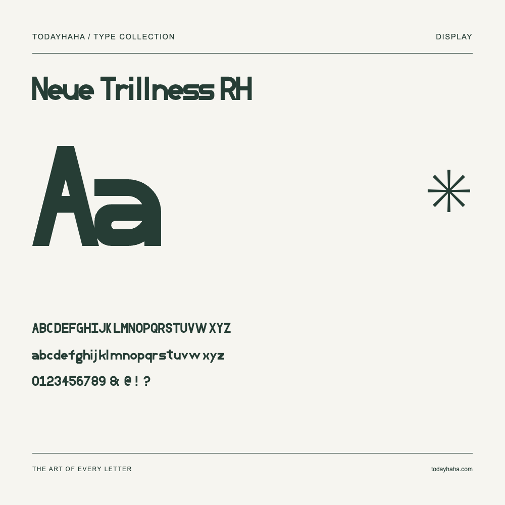 Neue Trillness RH — Spécimen avec majuscules, minuscules et chiffres