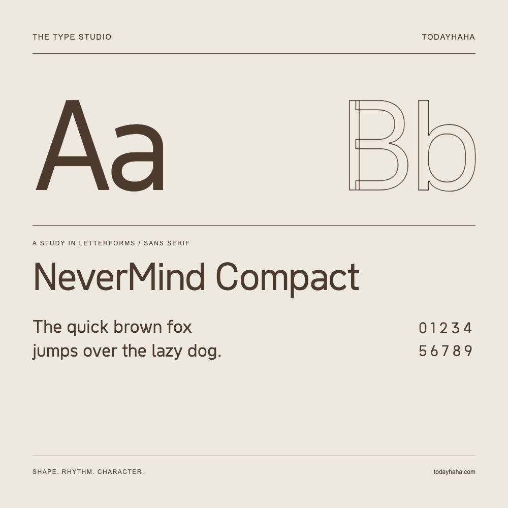 NeverMind Compact — Buchstabenstudie mit Beispielsatz und Ziffern