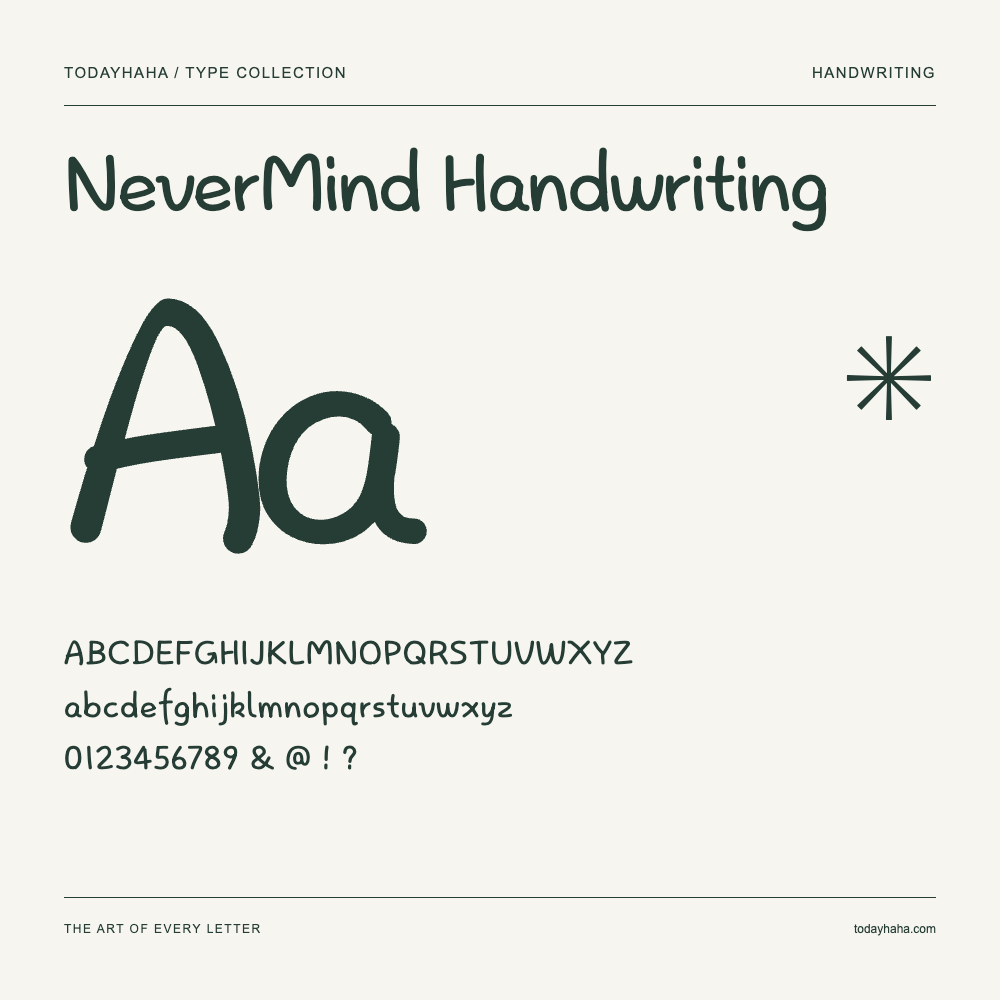 NeverMind Handwriting — Campione con lettere maiuscole, minuscole e numeri