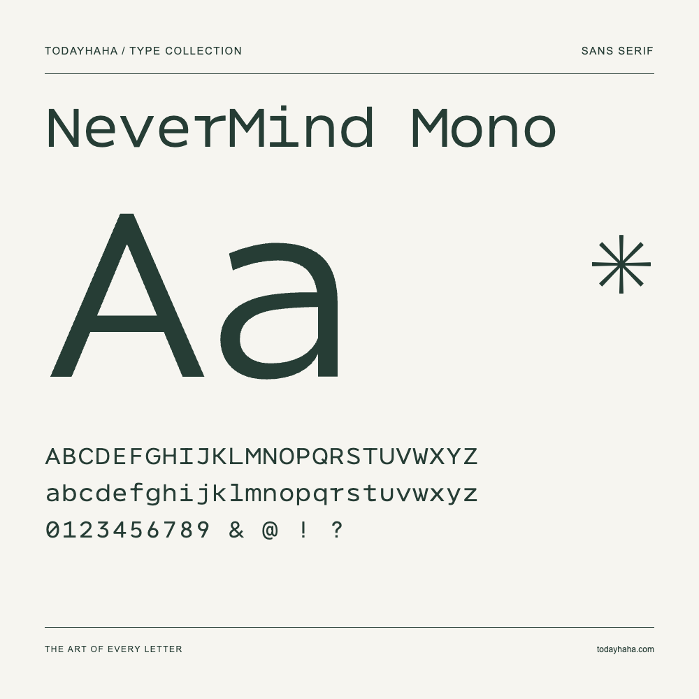 NeverMind Mono — Campione con lettere maiuscole, minuscole e numeri