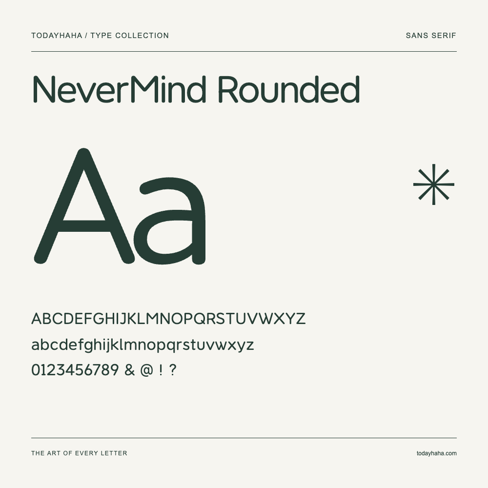 NeverMind Rounded — Schriftmuster mit Großbuchstaben, Kleinbuchstaben und Ziffern