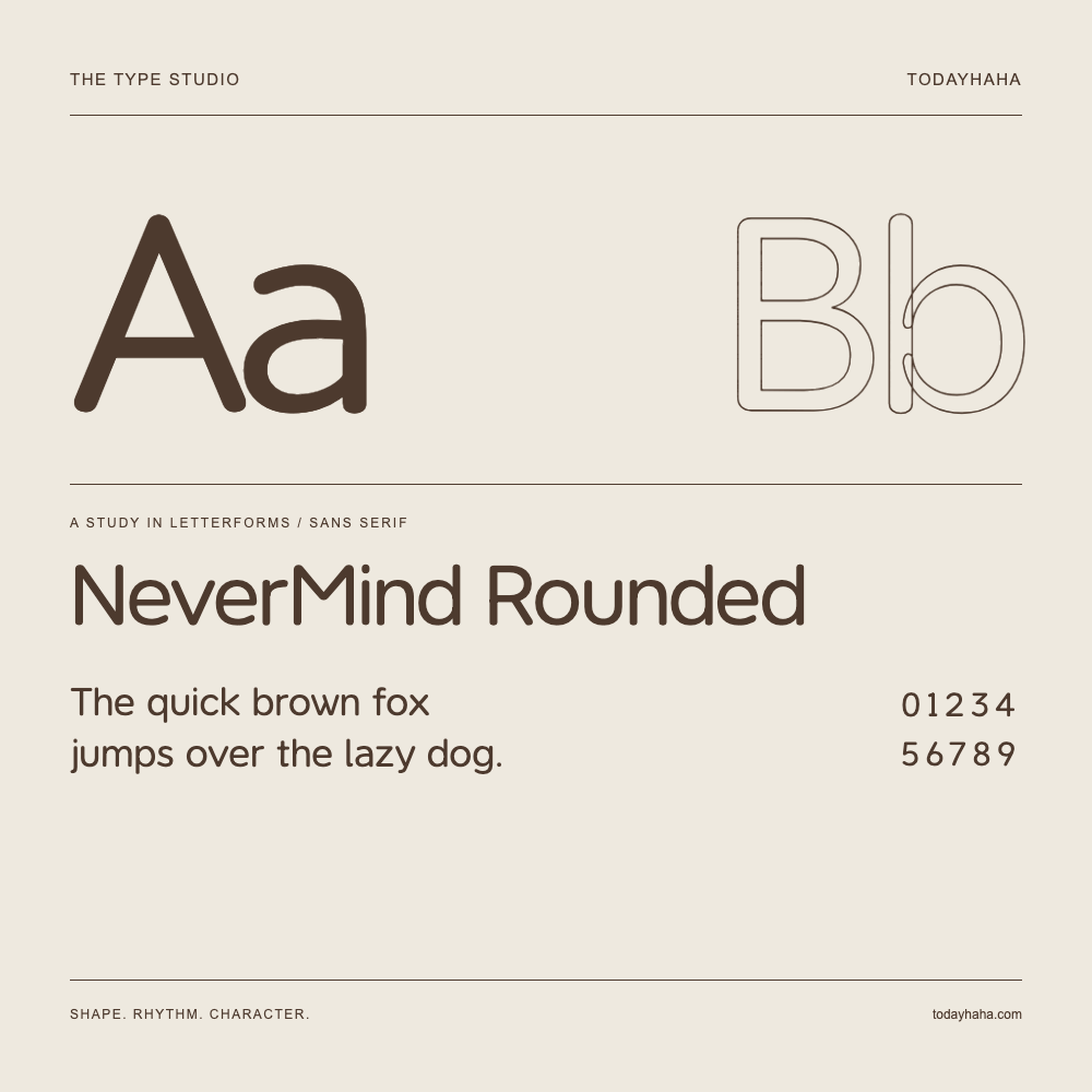 NeverMind Rounded — Buchstabenstudie mit Beispielsatz und Ziffern