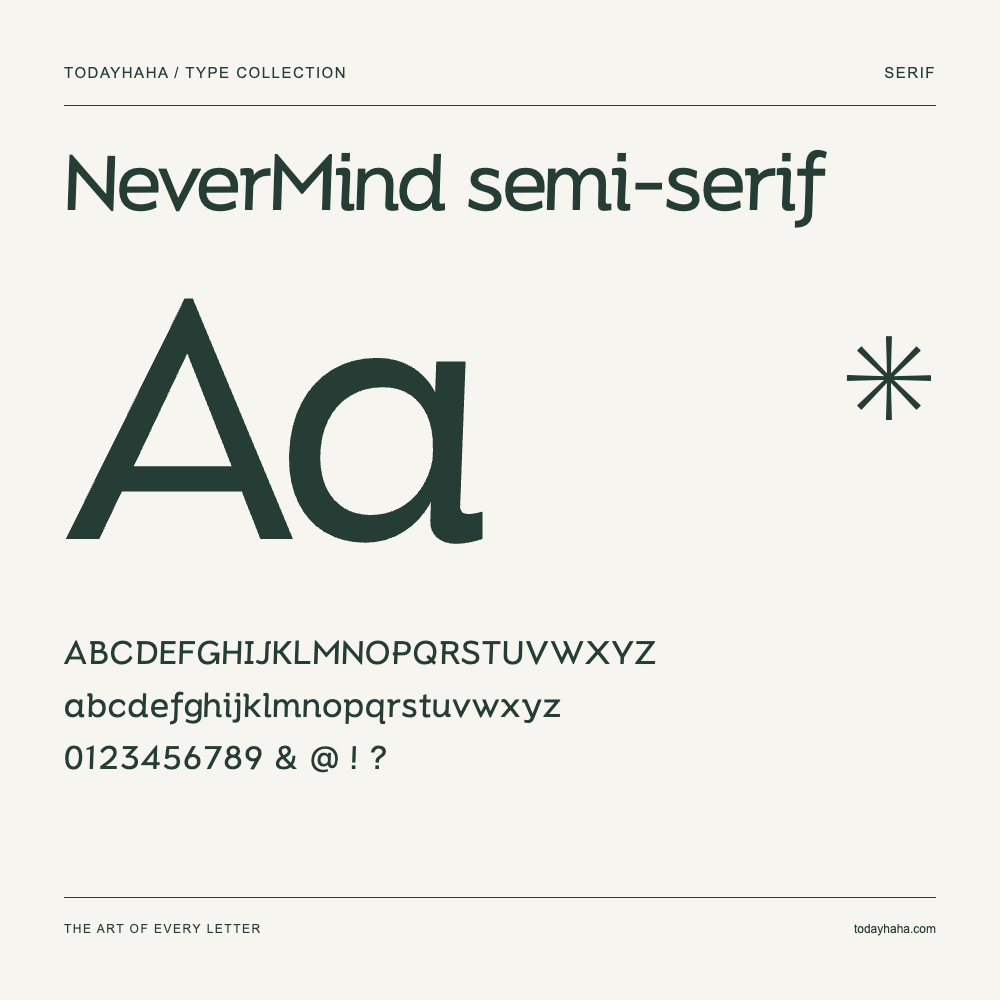 NeverMind semi-serif — Font specimen with uppercase and lowercase letters and numbers