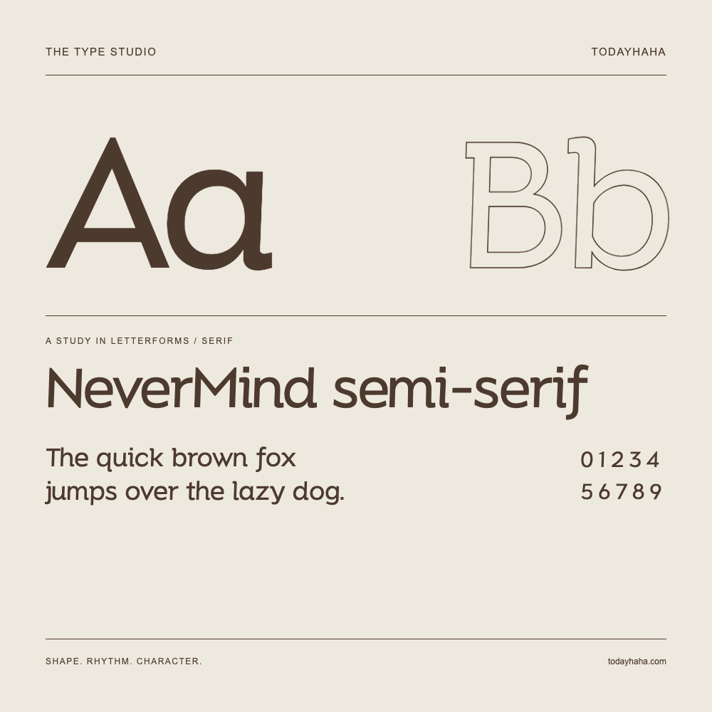 NeverMind semi-serif — Letterform study with sample sentence and numbers