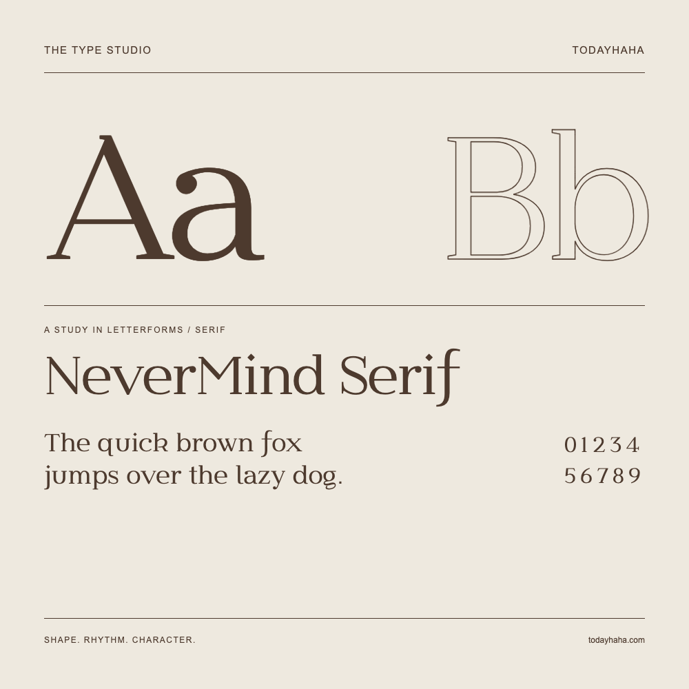 NeverMind Serif — Letterform study with sample sentence and numbers