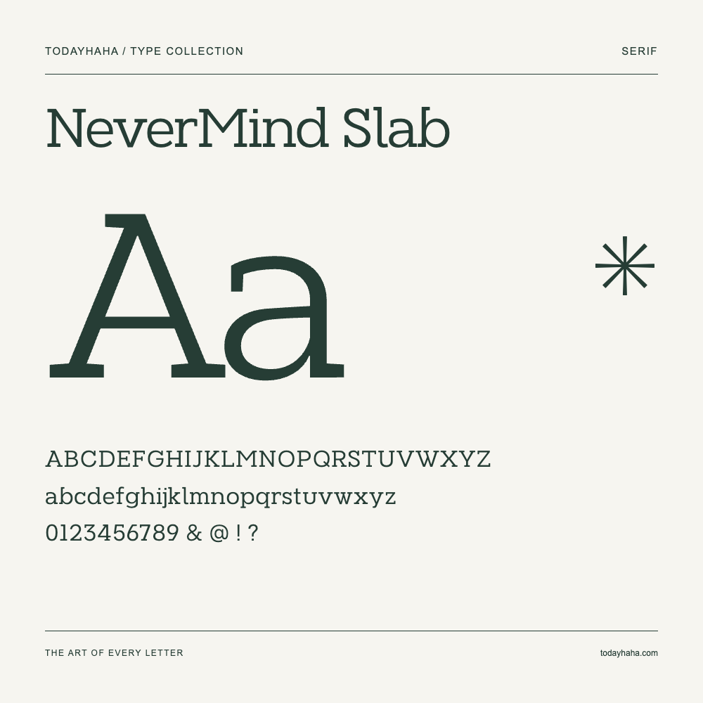 NeverMind Slab — Font specimen with uppercase and lowercase letters and numbers